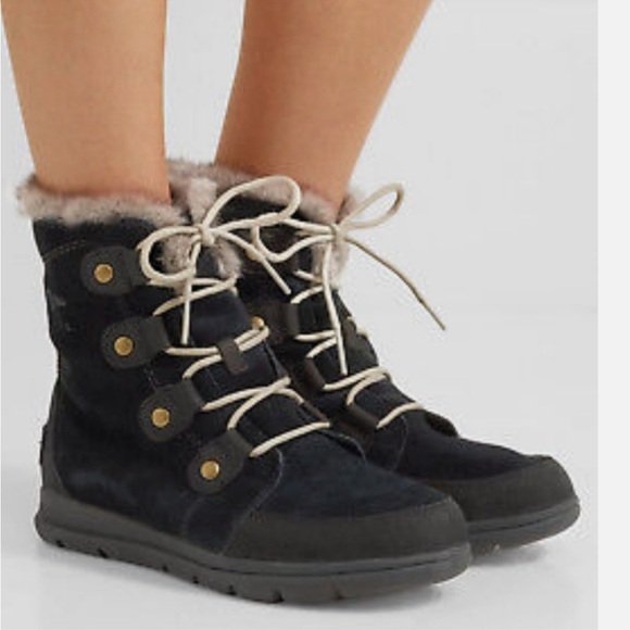 Sorel Explorer Joan Black/ Stone High Top leather boots sz 10 - Picture 1 of 16